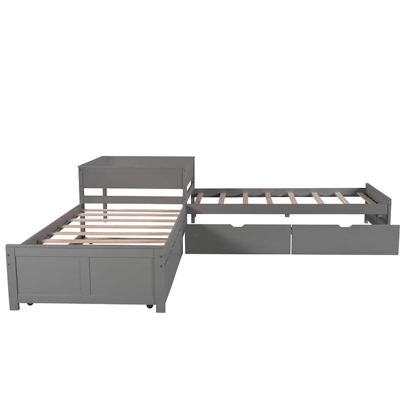 Gray Twin L-shaped Platform Bed with Trundle & Drawers