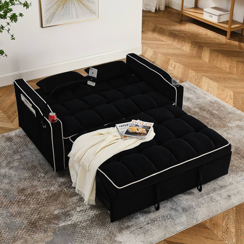 Modern Sofa Velvet Pull-out Bed, Adjustable Back and with USB Port - Black