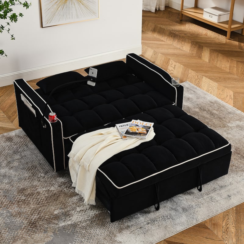 Small Folding Loveseat Sofa Bed with Adjustable Backrest, 55.5" Velvet Pull-Out Couch with USB Charging Port, Phone Holder
