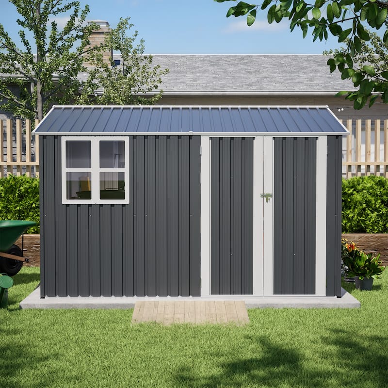 10X8FT Outdoor Steel Storage Shed with Clear Window, Lockable Doors, Weather-Resistant Metal Tool Shed, Gray