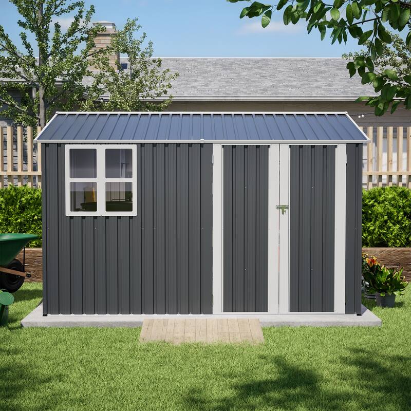 10X8FT Outdoor Steel Storage Shed with Clear Window, Lockable Doors, Weather-Resistant Metal Tool Shed
