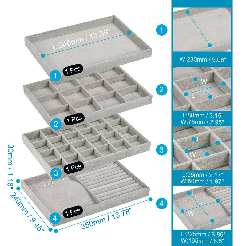 Jewelry Tray, 4 Pack - Stackable Jewelry Display Tray with Lid - Light Gray