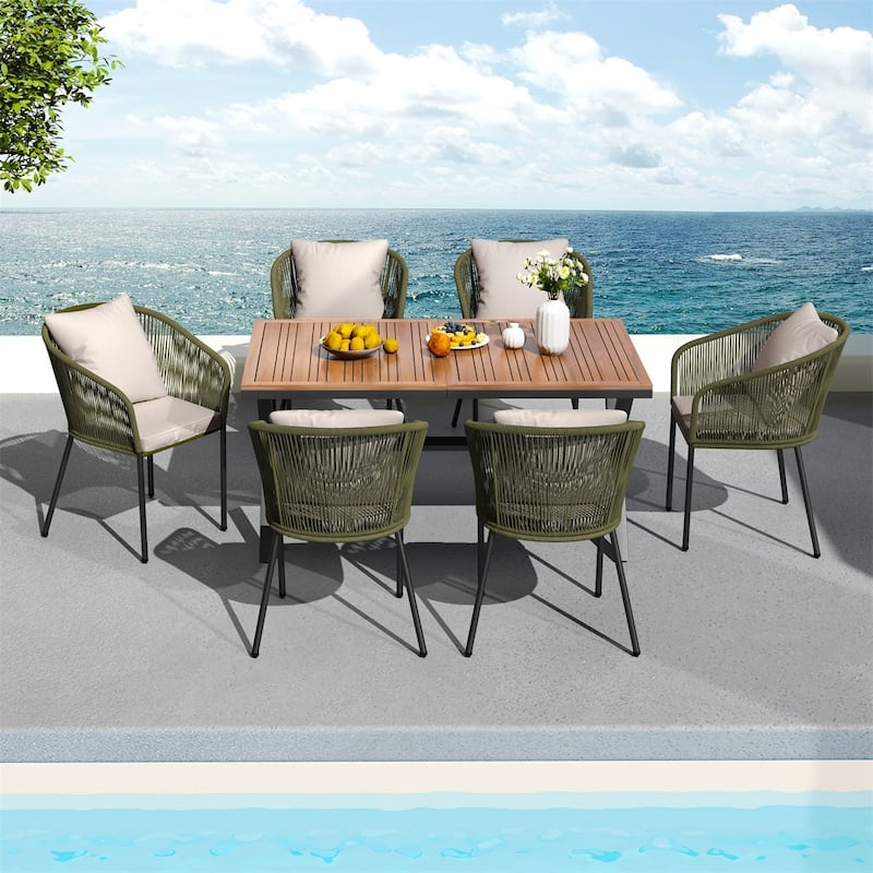 7-Piece Outdoor Garden Dining Table Set with 6 Chairs, Wood Tabletop - Green