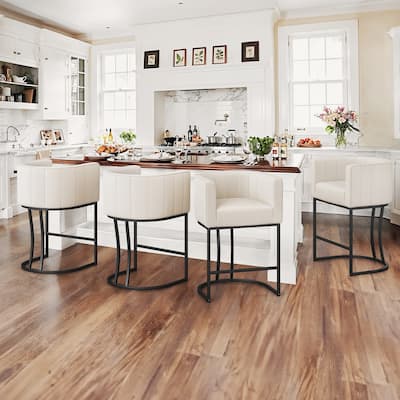 Modern 26.in Counter Height Stool Low Back Upholstered/PU Leather Barrel Bar Stool with Metal Frame