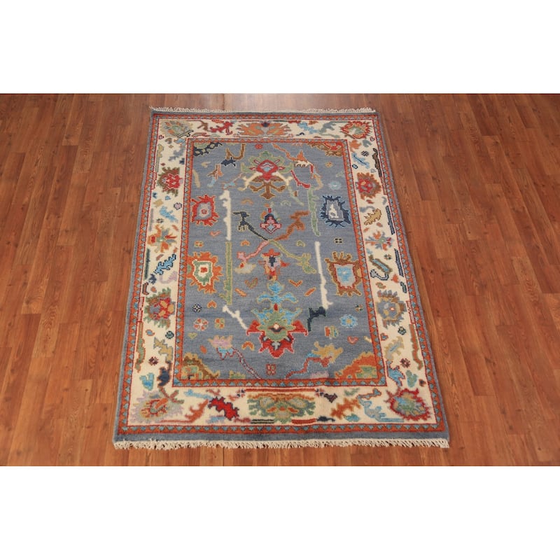 Blue Oushak Oriental Rug Transitional Handmade Wool Carpet - 4'1"x 5'11"