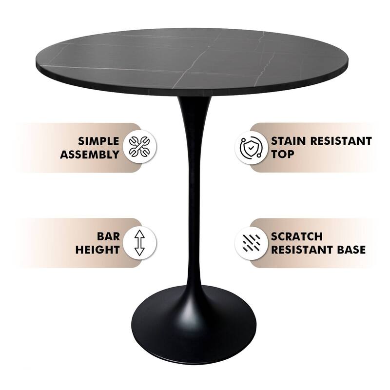 LeisureMod Verve 36" Bar Height Dining Table with Sintered Stone Round Top in Black Padestal Base