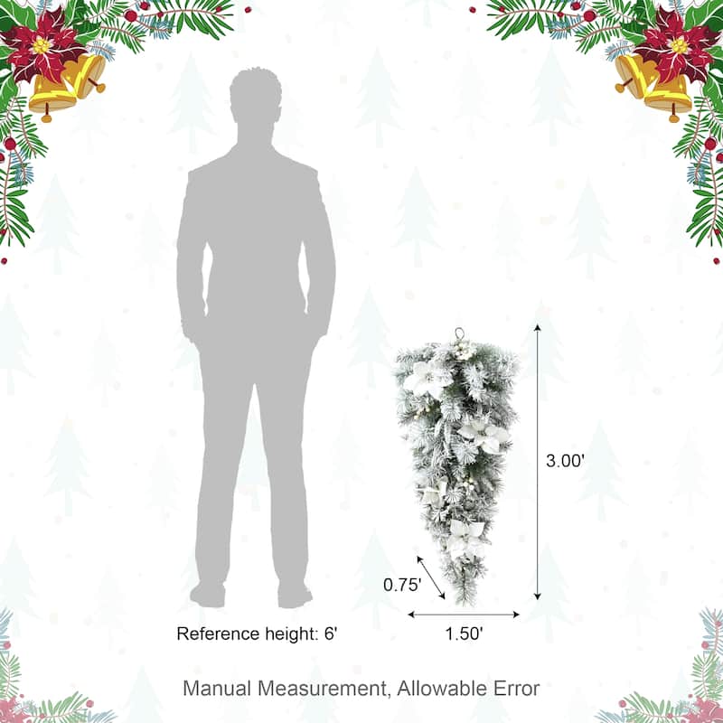 Glitzhome 3ft Pre-Lit Flocked White Poinsettia and Berries Christmas Teardrop