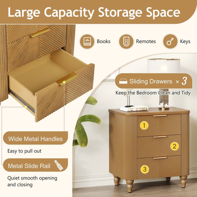 22.8 in Mid-Century Fluted three Drawers Nightstand