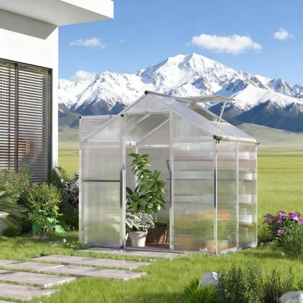 GDFStudio - Outdoor 4'x6' Aluminum Frame Walk-in Winter Greenhouse with Vent & Rain Gutters - Silver