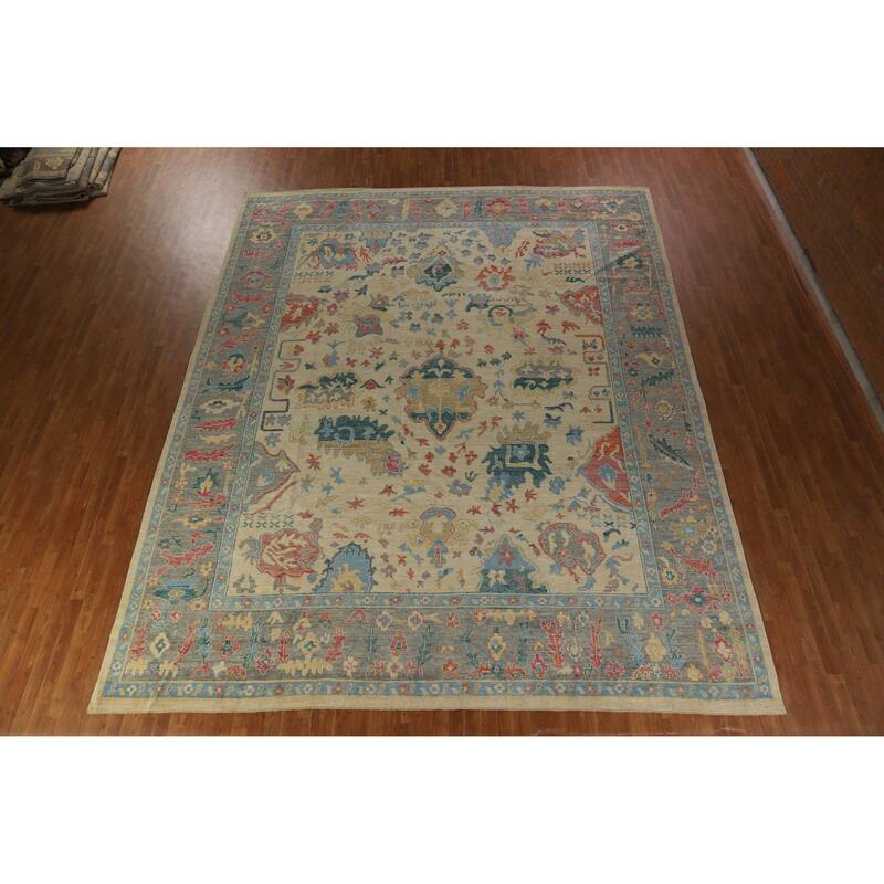 Hand Knotted Oriental 100% Wool Carpet Transitional All-Over Beige & Ivories Oushak Area Rug - 14' 11'' X 12' 0''
