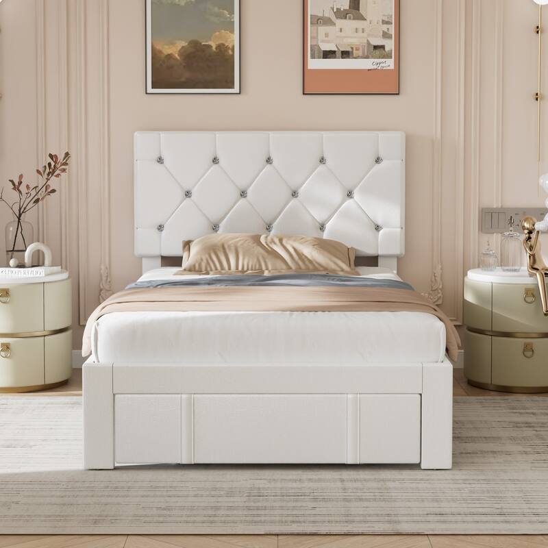 VECELO Bed Frame with Storage Drawers, Leather Upholstered with Diamond Tufted Headboard, Solid Wood Slat Support