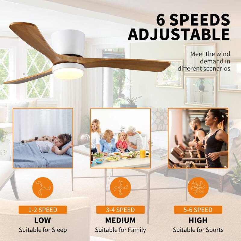 Solid Wood Low Profile Ceiling Fans with Lights and Remote, 42 inch Flush Mount Ceiling Fan Lights, 6 Speed Reversible DC Motor