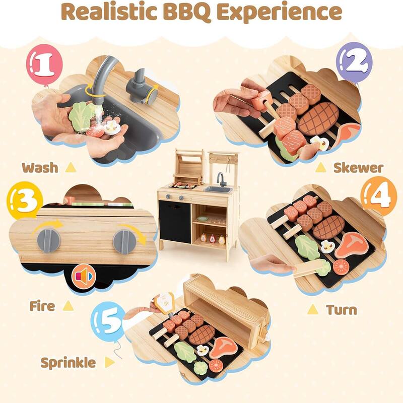 Kids Kitchen Playset Wooden Kids BBQ Grill Playset w/Blackboard