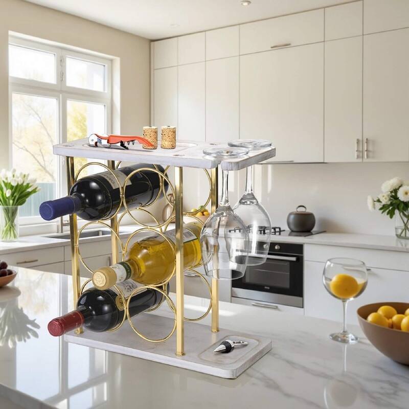 Wine Rack with Glass Holder - 13.7"D x 6.2"W x 13.4"H