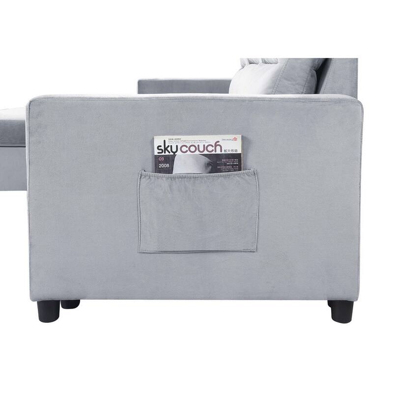 Ami 82 Inch Modern Reversible Sleeper Sofa with Chaise, Side Pocket, Gray