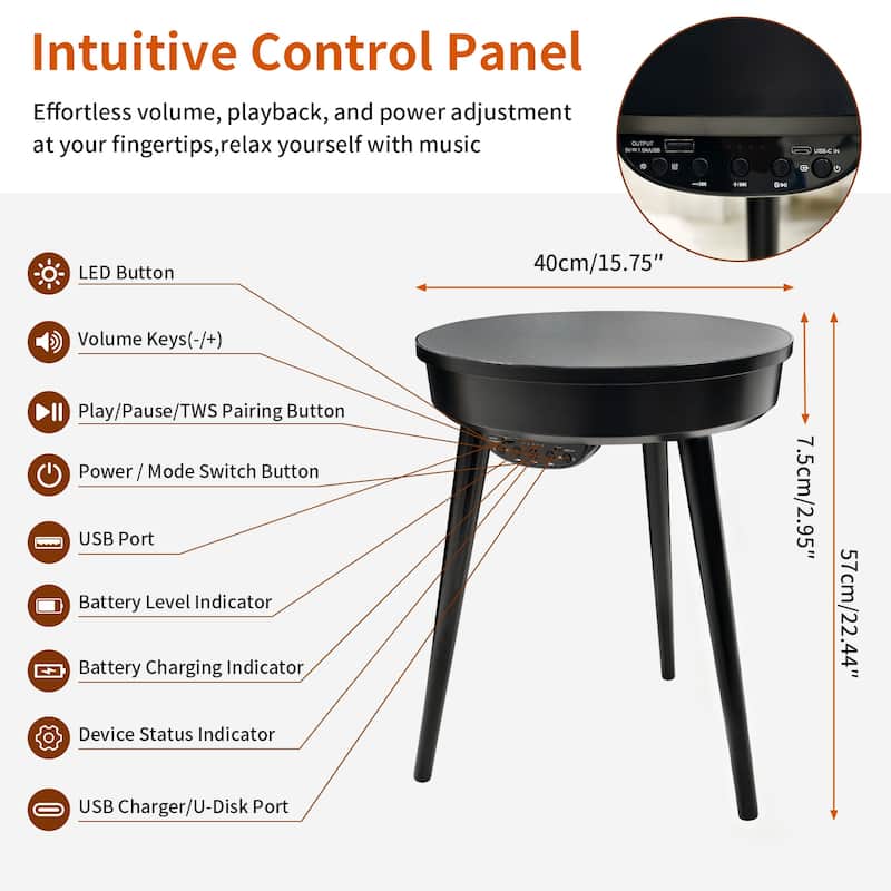 Round Smart End Table with Bluetooth Speaker Side Table LED Nightstand with USB Port