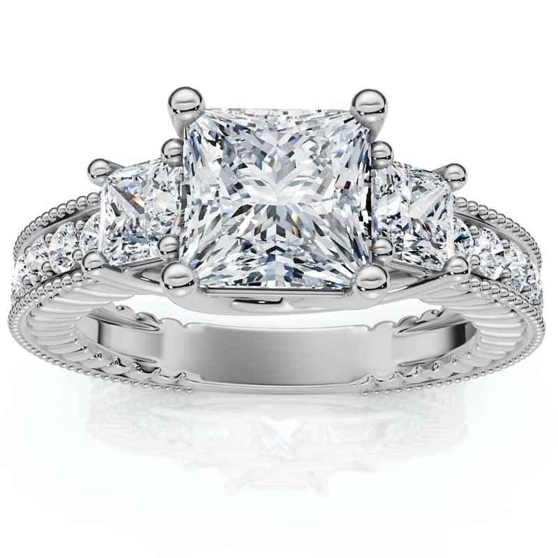 Bliss Diamond 2 3/4CT Princess Cut Three Stone Vintage Diamond Engagement Ring Lab Grown - 4.5 - White