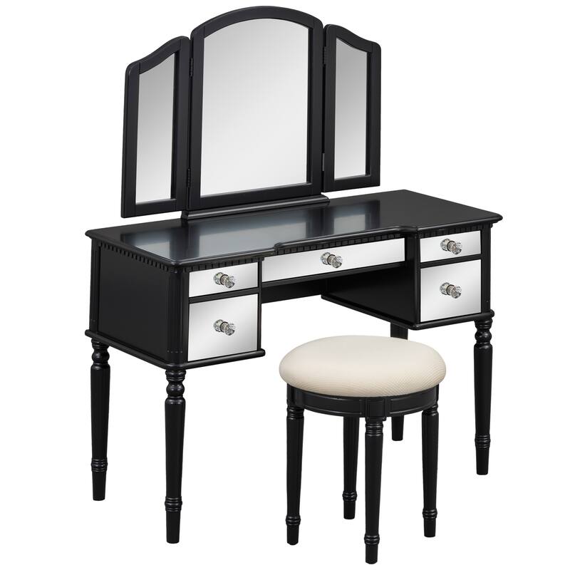 43-Inch Makeup Vanity Set with Adjustable Tri-fold Mirror, Mirrored Drawers, and Soft Cushioned Stool