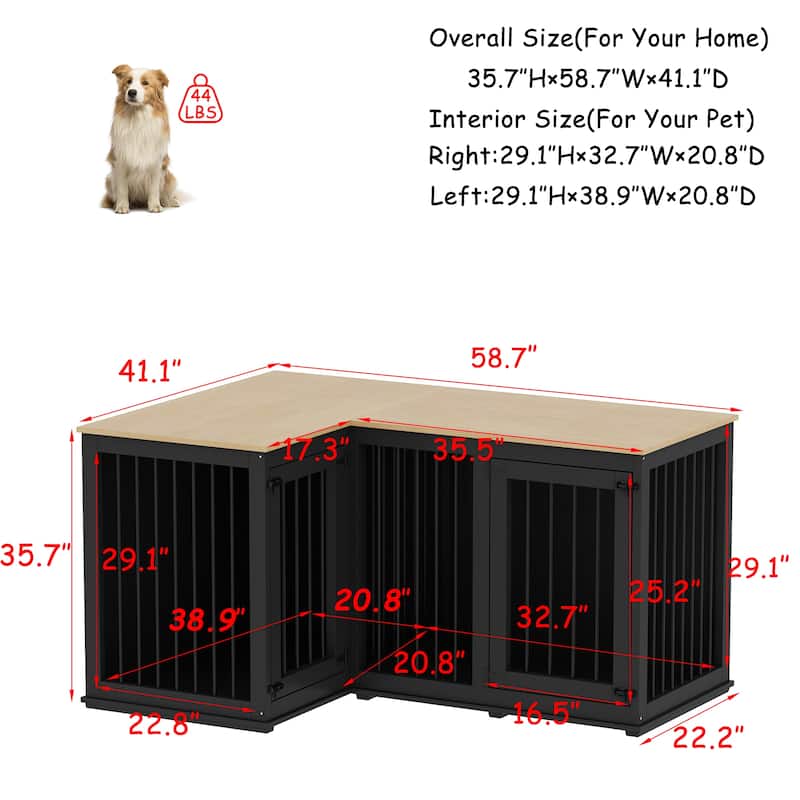 Corner Dog Crate Furniture with Removable Divider, Large Wooden Top Pet Crate End Table for Living Room