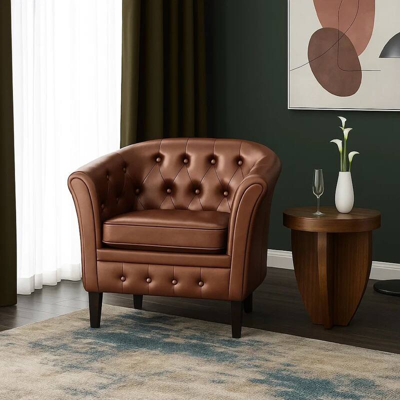 Deina Armchair, Tufted Shiny Brown Faux Leather, Black Wood Legs