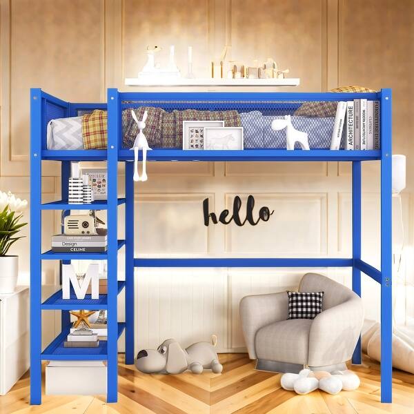 slide 2 of 12, Modern Style Full Size Metal Loft Bed with 4-Tier Shelves and Storage Blue