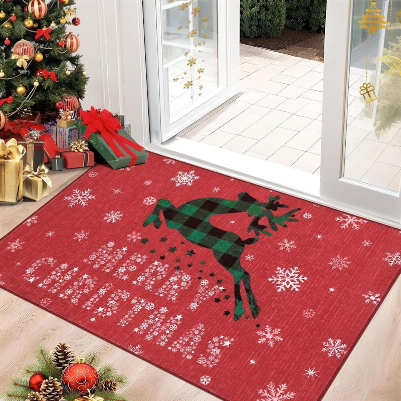 Christmas Rug with Snow Reindeer Area Rugs for Living Room, Low Pile Washable