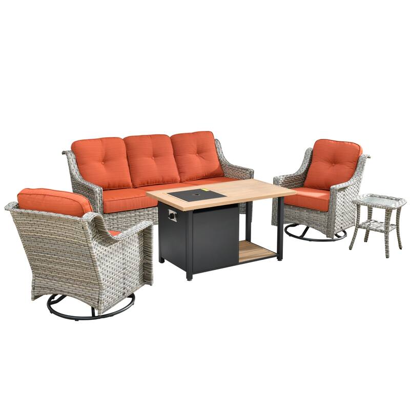 XIZZI 5-piece Patio Furniture Wicker Swivel Rocking Chair Set with Fire Pit