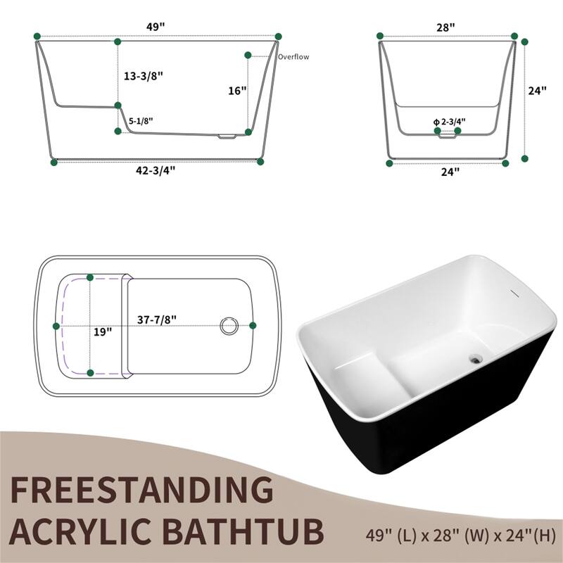 49" x 28" Glossy Black Acrylic Square Soaking Tub