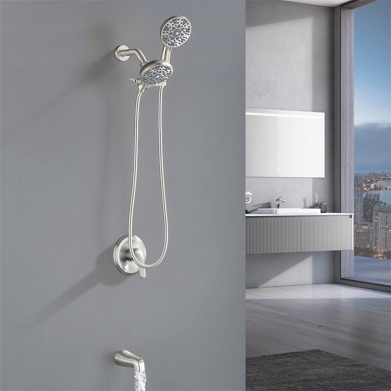 Wall Mount Dual Head Shower Faucet with Tub Spout Brass Complete Shower System with Hand Shower Valve Included