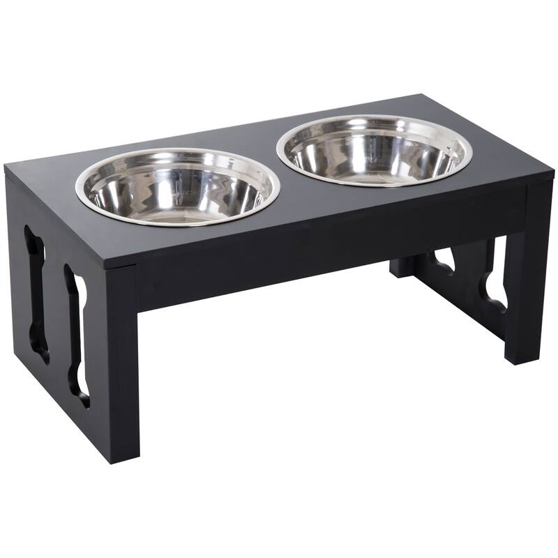 PawHut 23" Modern Decorative Dog Bone Wooden Heavy Duty Pet Food Bowl Elevated Feeding Station - Black - Black
