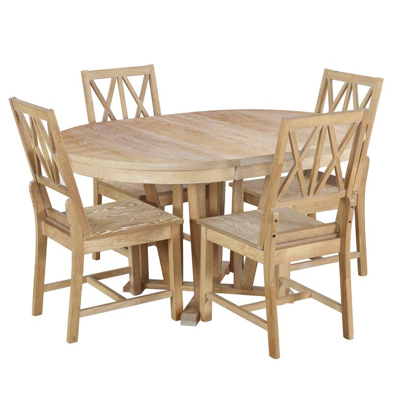 Rustic Rectangular 5-Piece Wood Dining Table Set 4-Person Dining Set with Round Extendable Table and 4 Cross Back Dining Chairs