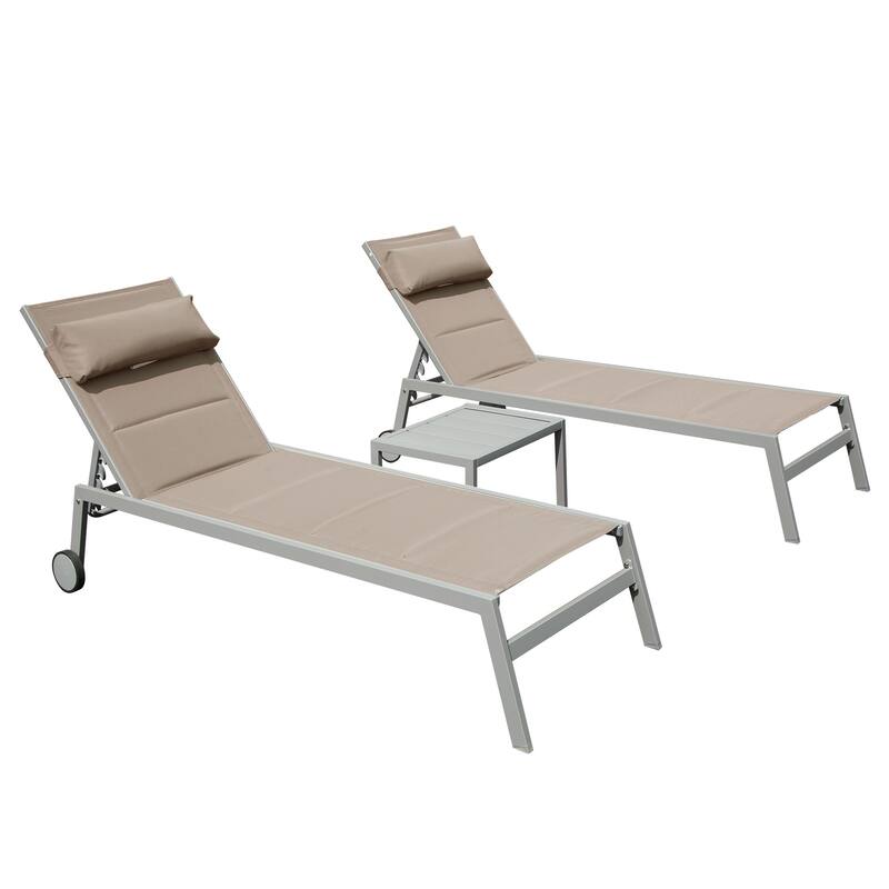 Outdoor Aluminum Patio Chaise Lounge Set of 3 with Side Table and Wheels, Padded Adjustable Recliner for Poolside, Beach - khaki
