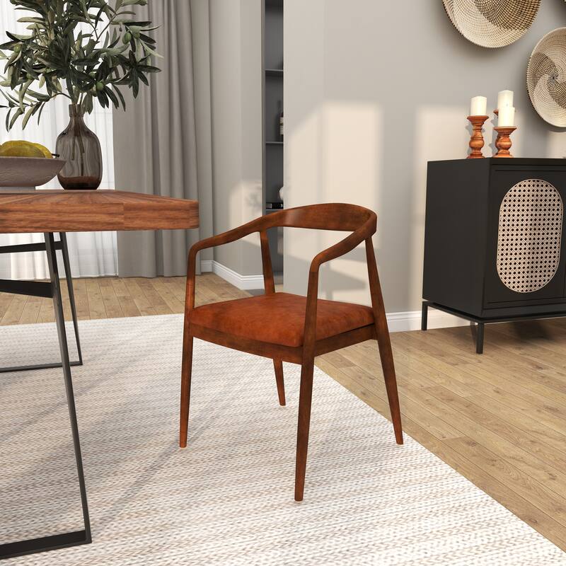 Brown Teak Wood Handmade Rounded Dining Chair with Leather Cushion - 20 x 21 x 32