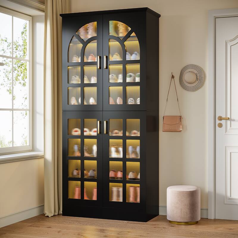 8-Tier Tall Shoe Storage Cabinet with Doors, Led Lights and Adjustable Shelves for Entryway, White