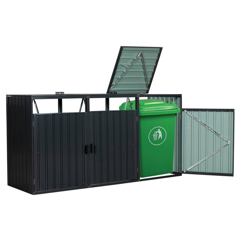 Garbage Bin Shed Stores 3 Trash Cans Metal Outdoor Bin Shed for Garbage Storage,Stainless Galvanized Steel, Bin Shed