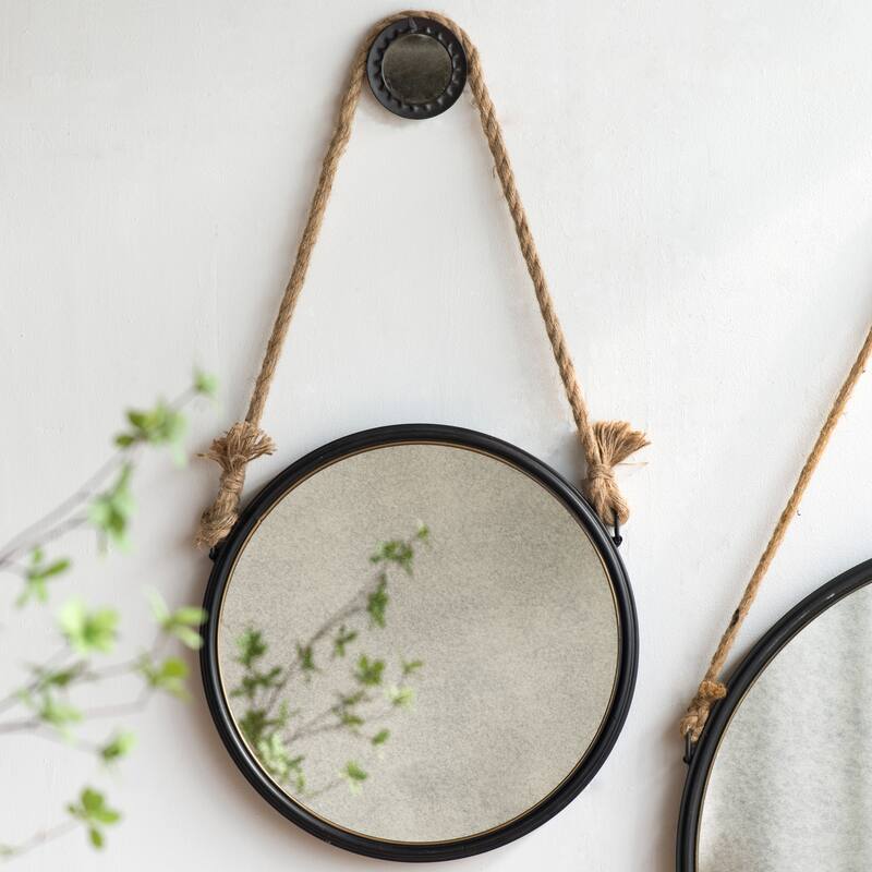 Round Metal Frame Mirror with Rope Strap - Black