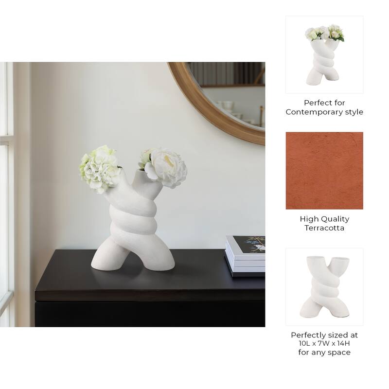 Pottery Twisted Vase with Sculptural Design for Home Decor - 14" White