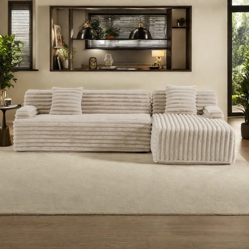 110" Faux Fur Cloud 3-Seater sat L-Shaped Sectional Sofa with Two Included Throw Pillows - LightCoffee