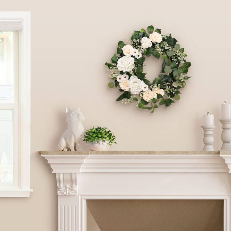 Rose and Camellia Floral Artificial Spring Wreath, 24-Inch, Unlit