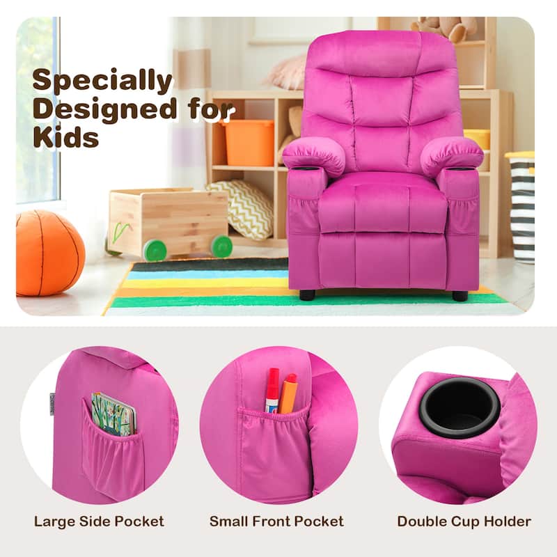 Gymax Kids Youth Recliner Chair Velvet Fabric w/Cup Holder & Side