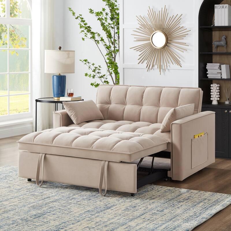4 in 1 Convertible Loveseat Sofa Couch w/ Armrests & Storage Pockets, Tufted Pull-out Sofa Bed w/ Adjustable Backrest & Pillows - taupe