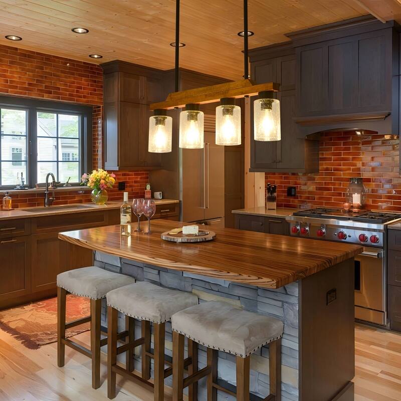 Farmhouse Chandelier for Dining Room Kitchen Island Rustic Wood Linear Pendant Light with Seed Glass Shade