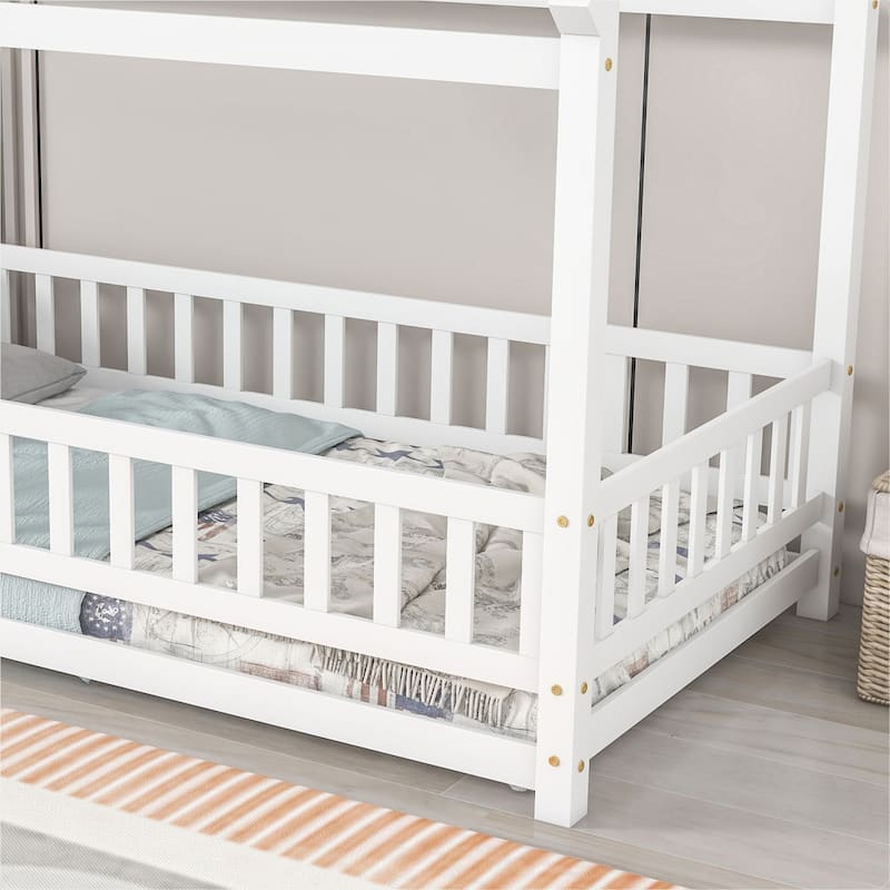 Floor Wooden Bed with House Roof Frame