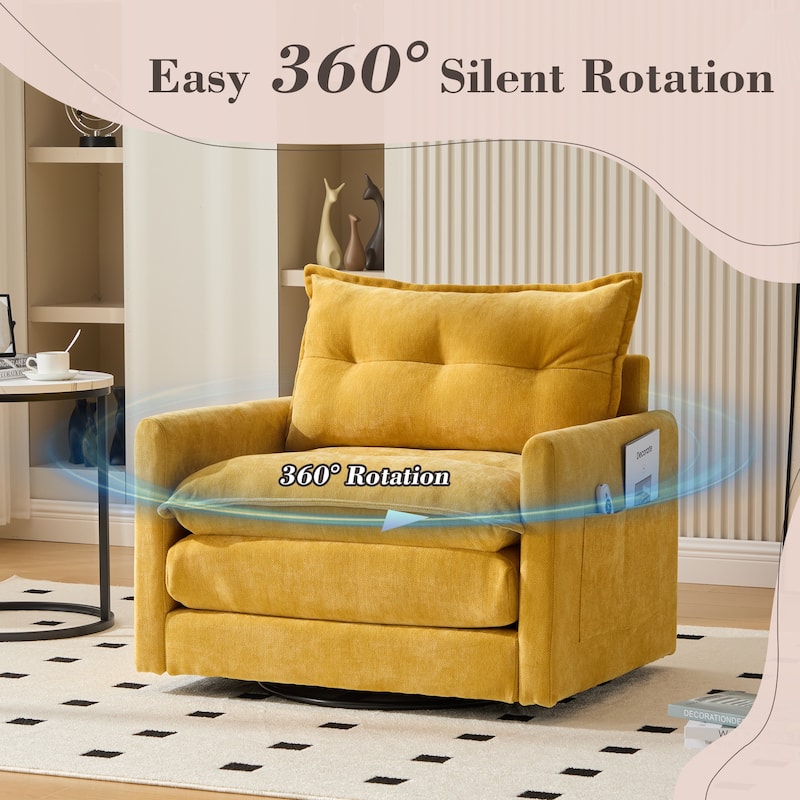 HOMEFUN Chenille Upholstered 360°Degree Swivel Mid Century Modern Arm Chair with Side Pocket for Living Room
