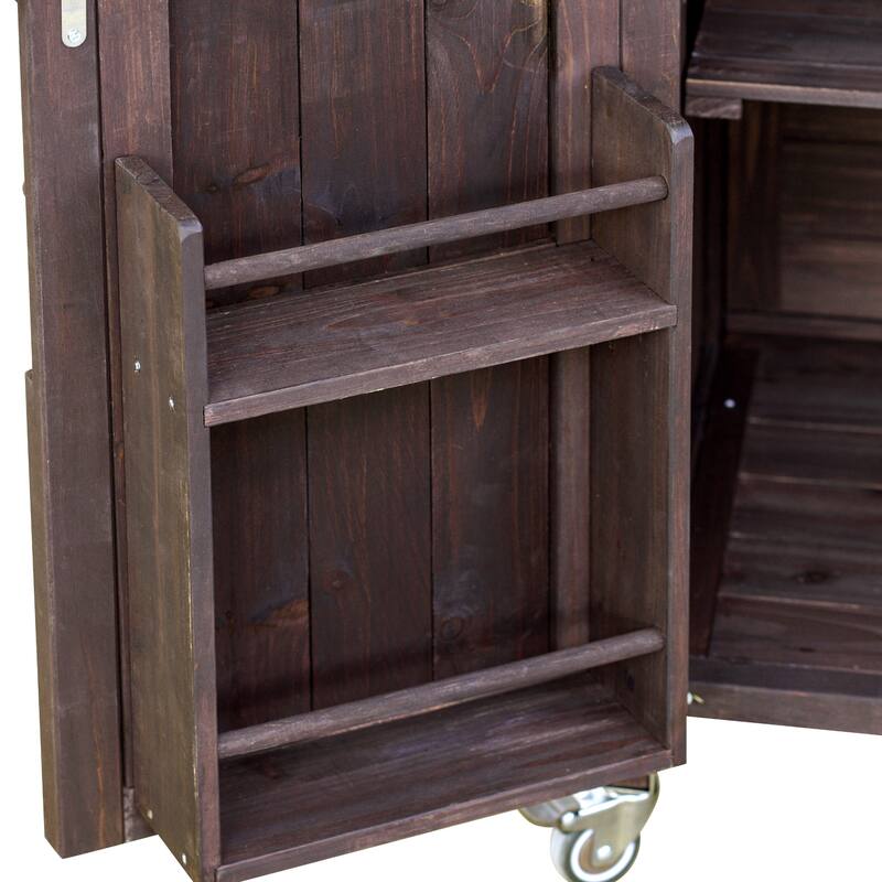 Stainless Steel Top Kitchen Island on Wheels, Outdoor Kitchen Cart, Dark Brown Solid Wood Storage Cabinet with Removable Shelfs