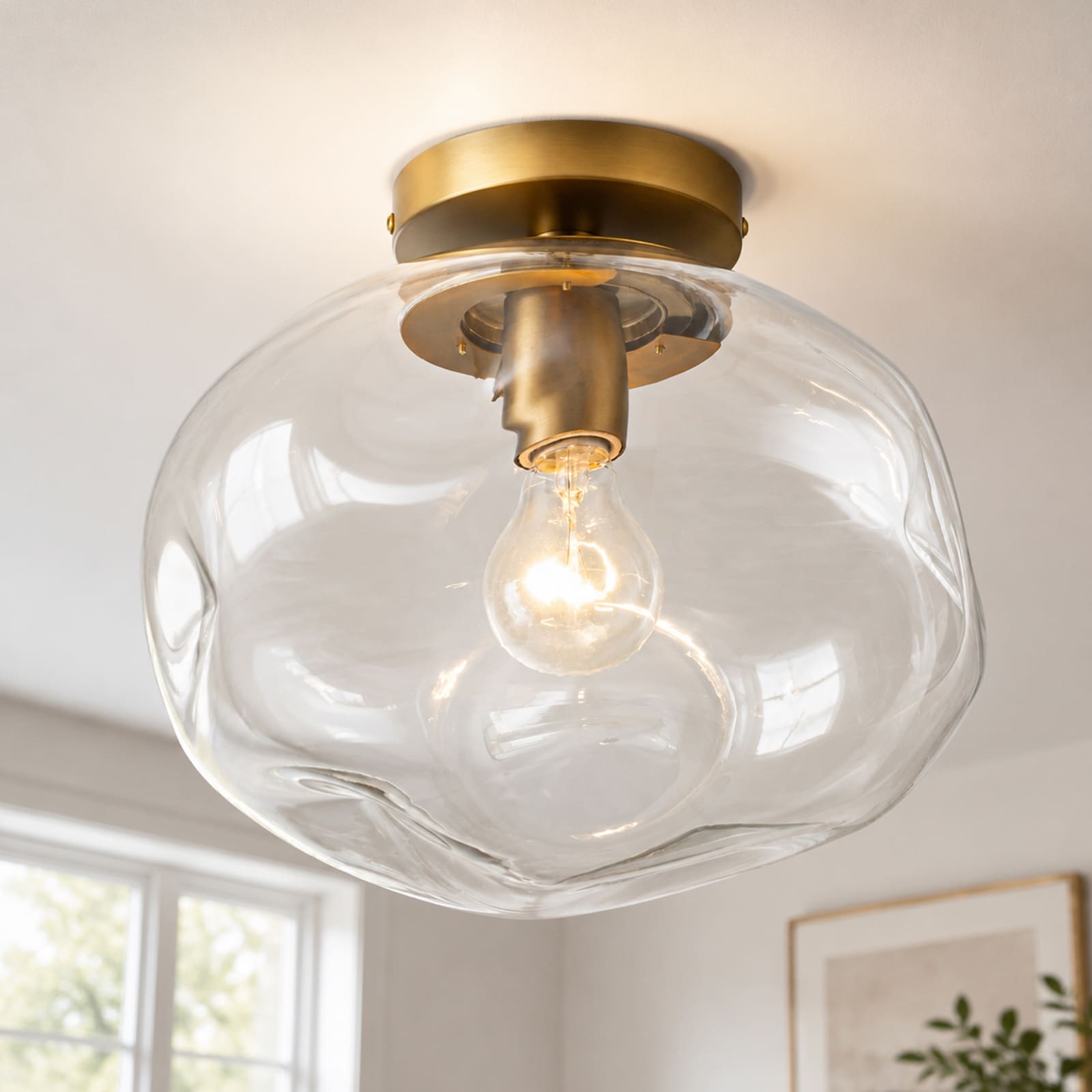 Rennnsan 1-Light Modern Gold Clear Bubble Glass Flush Mount Ceiling Light for Hallway - 13 in. W x 9.1 in.H