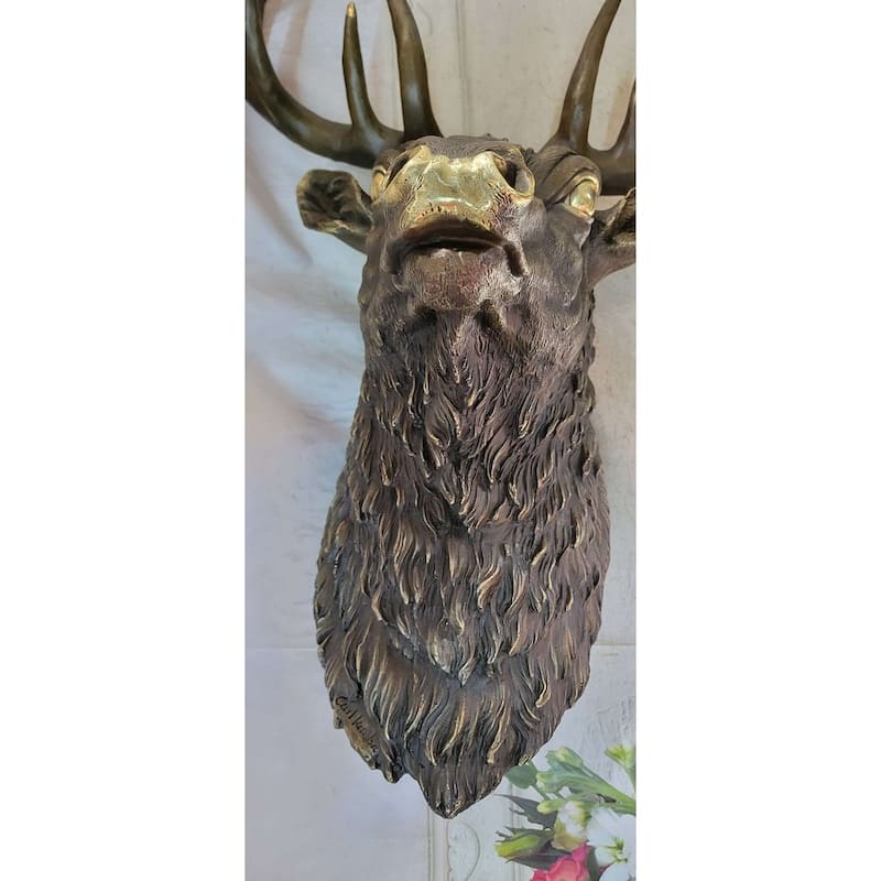 Signed Carl Kauba Life Size Elk Head Bust Bronze Figurine Sculpture Cabin Decor