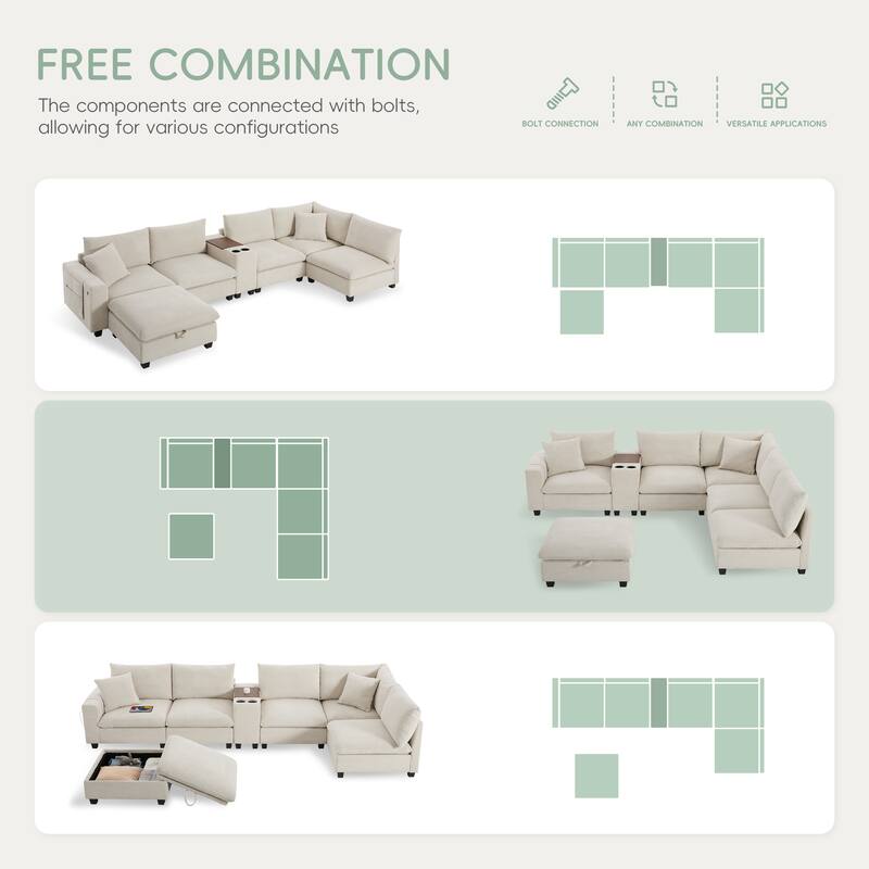 Roomfitters Oversized U-Shaped Corduroy Sofa with Storage Ottoman, Console, USB Charger and Cup Holder