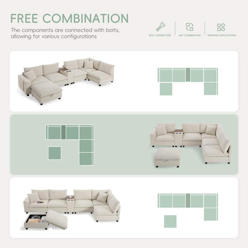U Shaped Chenille Sofa w/Ottoman,Console,Cup Holder,Wide Seat,USB