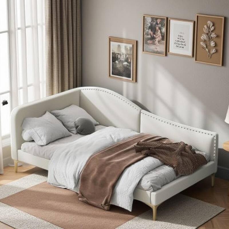 Full Size Upholstered Daybed with Linen Fabric, Headboard & Armrests, Sturdy Wood Frame, Ideal for Guest Rooms